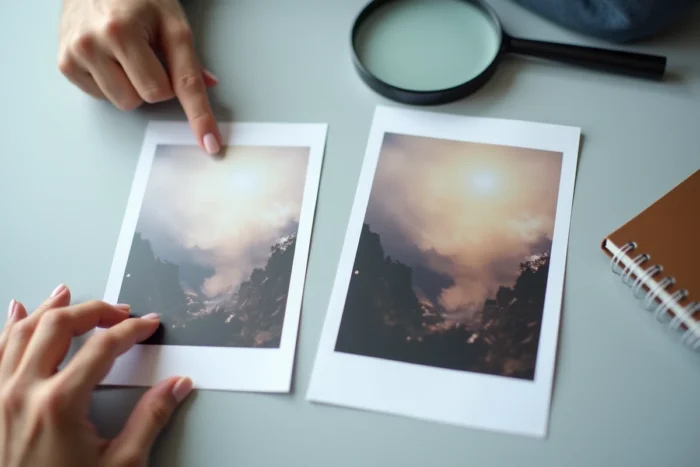 Comparaison entre une photo officielle authentifiée et un cliché non autorisé posés côte à côte sur une table