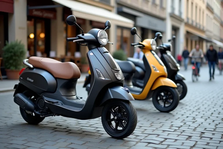 Comparatif de maxi scooters 400cc alignés dans une rue urbaine européenne