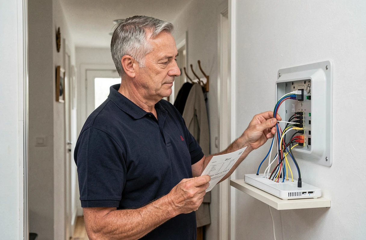 Homme vérifiant les connexions câbles de sa Bbox Bouygues dans le couloir d'une maison individuelle