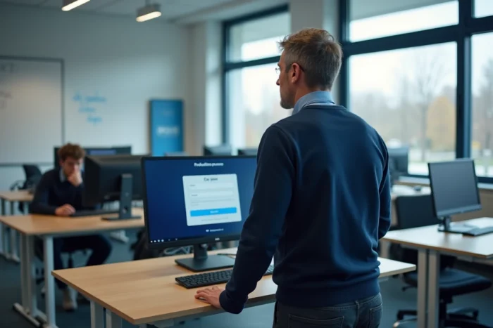 Personnel administratif se connectant à la messagerie académique AC Lyon sur un ordinateur de bureau en salle des professeurs