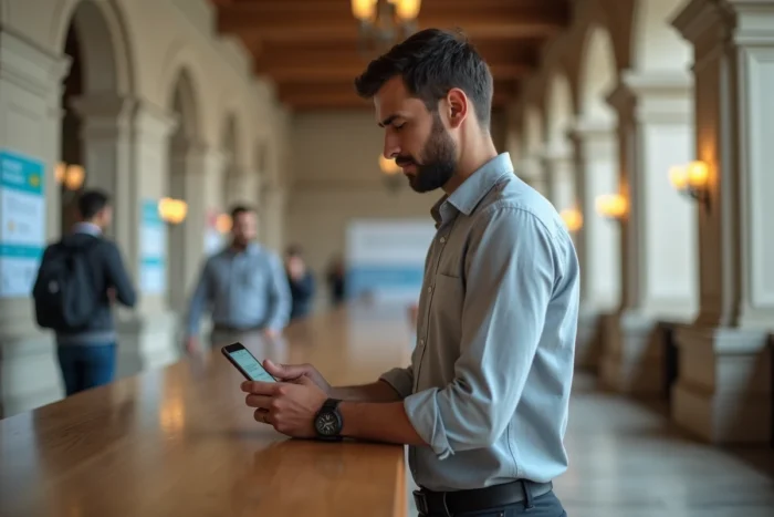 Homme consultant une interface d'authentification sécurisée sur smartphone dans un hall administratif