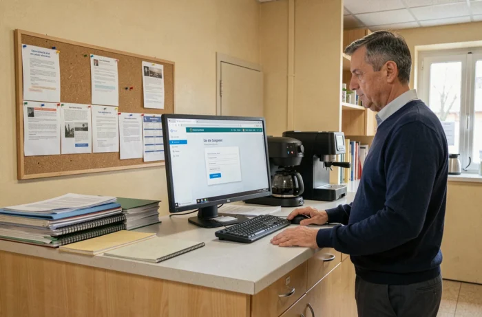 Enseignant se connectant à son webmail académique Nantes depuis la salle des professeurs