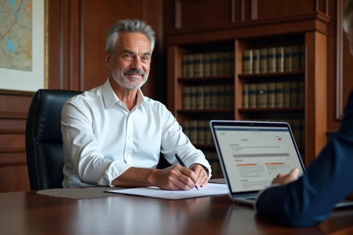 Conseiller immobilier présentant l'interface Batiav lors de la signature d'un contrat immobilier dans un bureau notarial