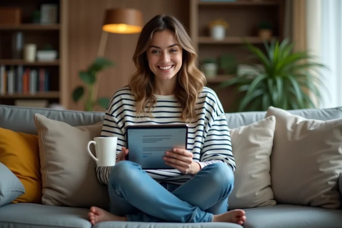 Jeune enseignante consultant sa messagerie académique AC Lyon sur une tablette depuis son domicile