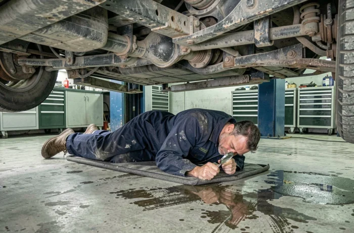 Mécanicien inspectant le dessous de caisse d'un SUV d'occasion dans un garage professionnel avant certification