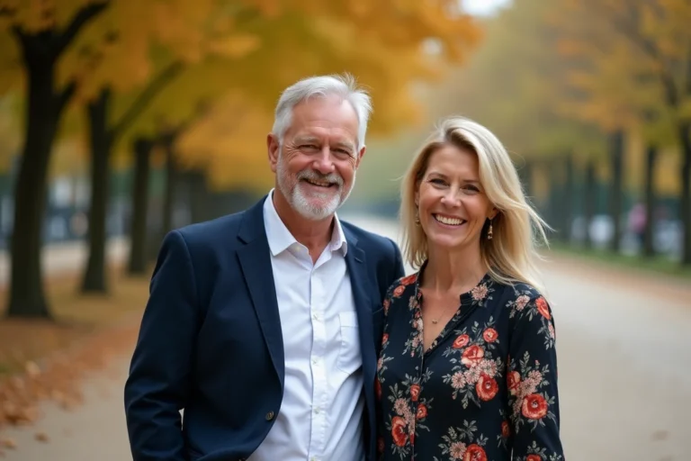 Couple souriant dans un parc parisien en automne, homme en blazer marine et femme en blouse florale, moment complice et affectueux