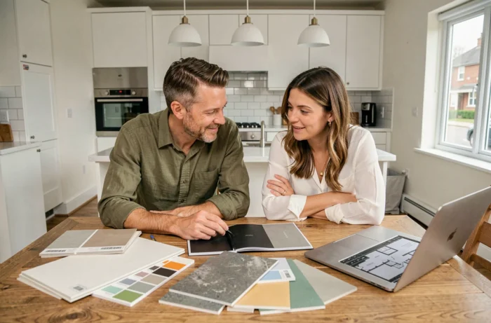 Couple planifiant des travaux de rénovation autour d'une table avec des échantillons de matériaux et des plans