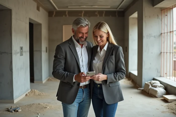 Couple examinant un projet immobilier sur smartphone dans un bâtiment en construction lié à l'application Batiav