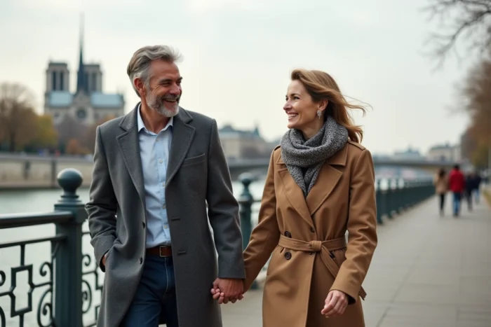 Couple se promenant main dans la main sur les quais de Seine à Paris, ambiance romantique et décontractée en automne