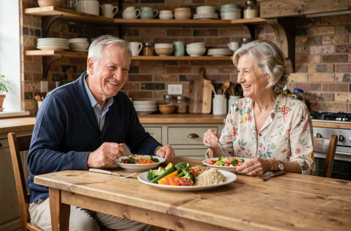 Couple de seniors partageant un repas équilibré et sain dans une cuisine rustique pour favoriser le bien-être