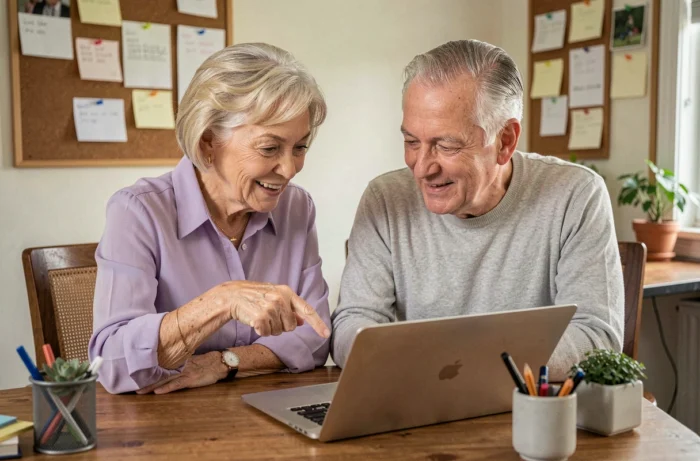 Couple de seniors découvrant ensemble des astuces numériques sur un ordinateur portable dans un bureau à domicile