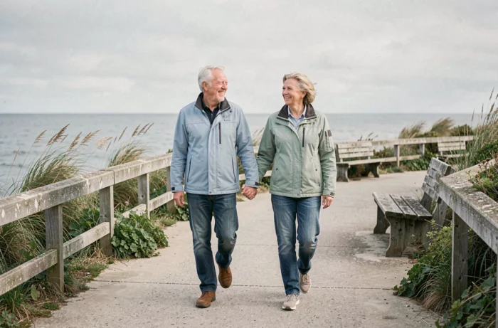 Couple de seniors se promenant sur un bord de mer, profiter de la retraite en plein air
