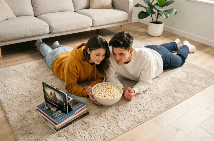 Couple regardant un film en streaming sur tablette allongé dans un salon scandinave lumineux