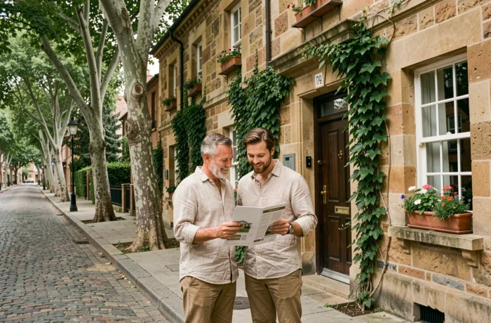 Couple devant une maison en pierre consultent une brochure immobilière dans une rue résidentielle