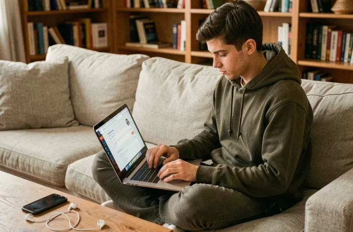 Jeune créateur de contenu configurant la monétisation publicitaire de son blog depuis son canapé à domicile