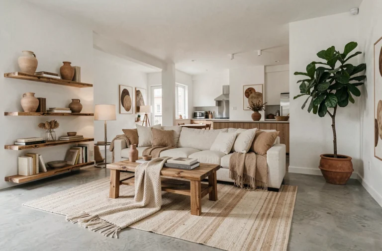 Salon moderne décoré avec des textures variées, des plantes vertes, du bois brut et des céramiques artisanales dans un appartement contemporain tendance