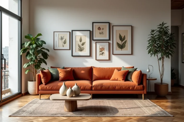 Salon moderne avec décoration intérieure personnalisée, canapé en lin terracotta, tapis persan vintage et mur de cadres botaniques