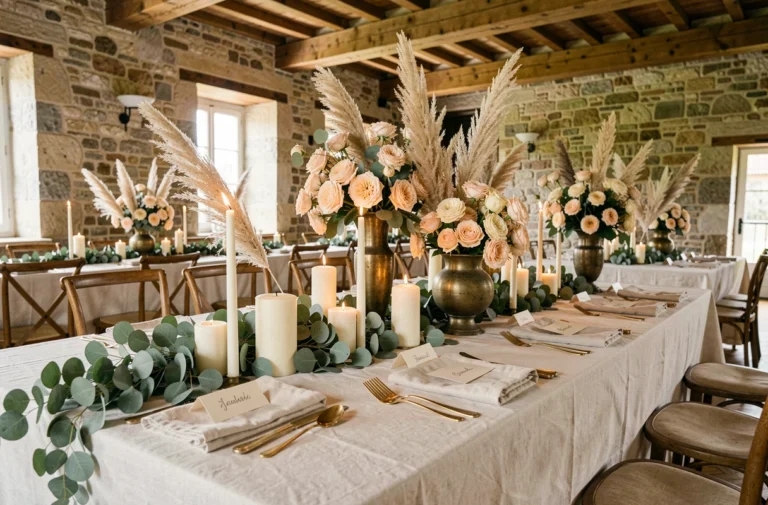 Table de mariage décorée avec des guirlandes d'eucalyptus, des roses blush et des vases en laiton dans un château rustique en pierre