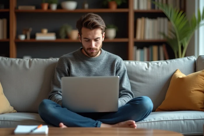 Jeune entrepreneur remplissant une demande de financement en ligne depuis son domicile