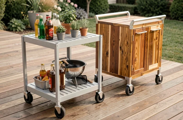 Desserte roulante d'extérieur en aluminium avec accessoires sur une terrasse en bois