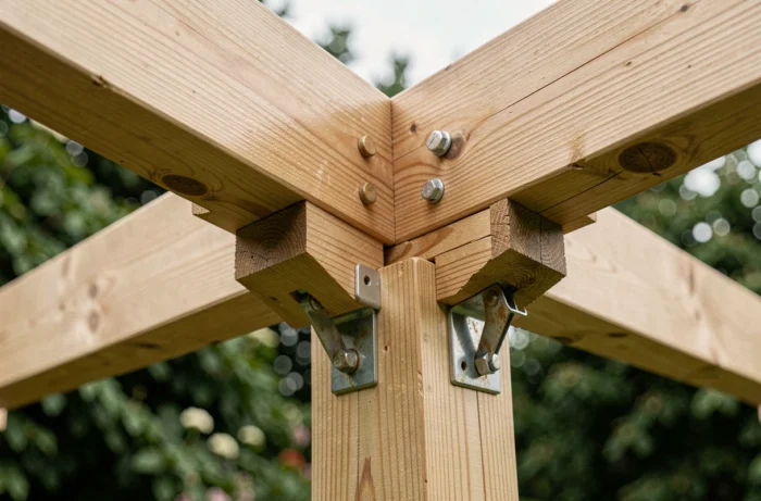 Détail d'assemblage de poutre en bois d'une pergola 5x4 montrant la qualité de construction