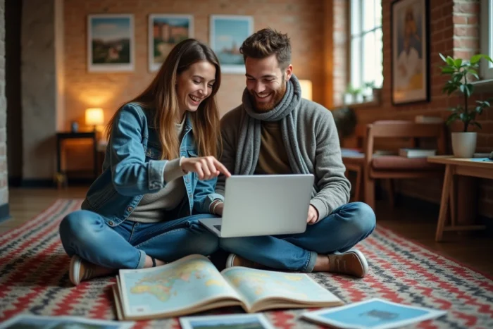 Deux voyageurs planifiant leur itinéraire ensemble dans un hostel avec des livres et une carte sur ordinateur