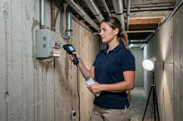 Inspectrice immobilière effectuant un diagnostic technique dans un sous-sol avec des équipements de détection