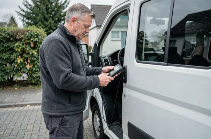 Homme utilisant un scanner OBD2 pour diagnostiquer l'antidémarrage d'un Peugeot Boxer en extérieur