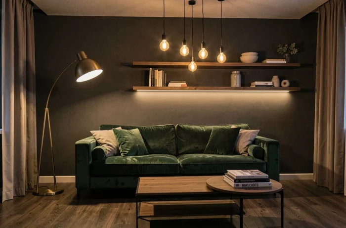 Salon avec éclairage en couches superposées combinant lampadaire, suspensions et bandeau LED pour moduler l'ambiance