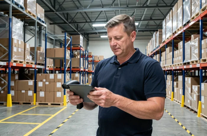 Employé d'entrepôt logistique utilisant un scanner et une tablette pour gérer les commandes de commerce en ligne