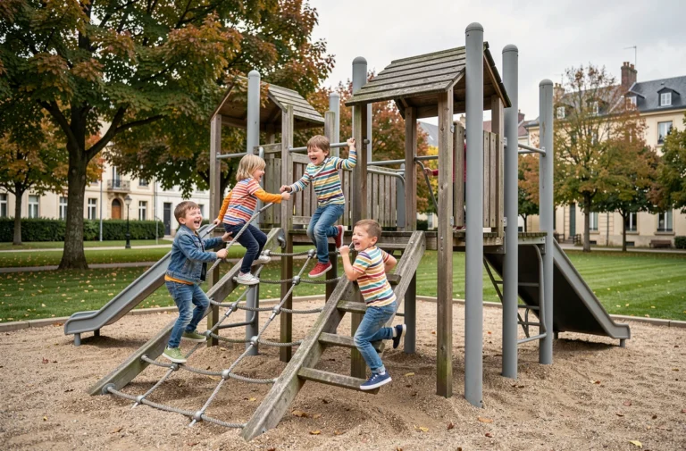 Enfants jouant dans un parc de jeux en bois à Arras avec toboggans et filets d'escalade