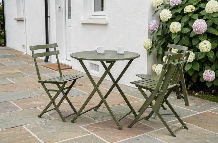 Ensemble pliant en acier laqué vert olive avec table ronde et chaises pour terrasse polyvalente