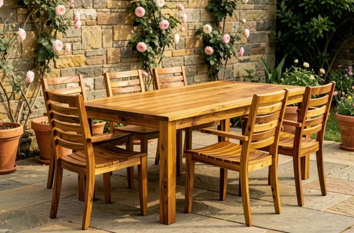 Ensemble repas en bois d'acacia huilé avec table et chaises sur terrasse en pierre naturelle