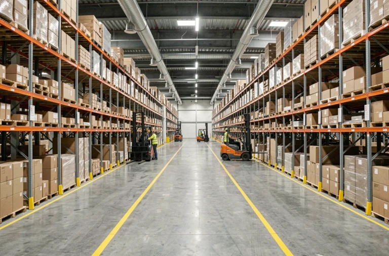Vue grand angle de l'intérieur d'un entrepôt logistique moderne avec des rangées de rayonnages métalliques chargés de palettes et des caristes en action