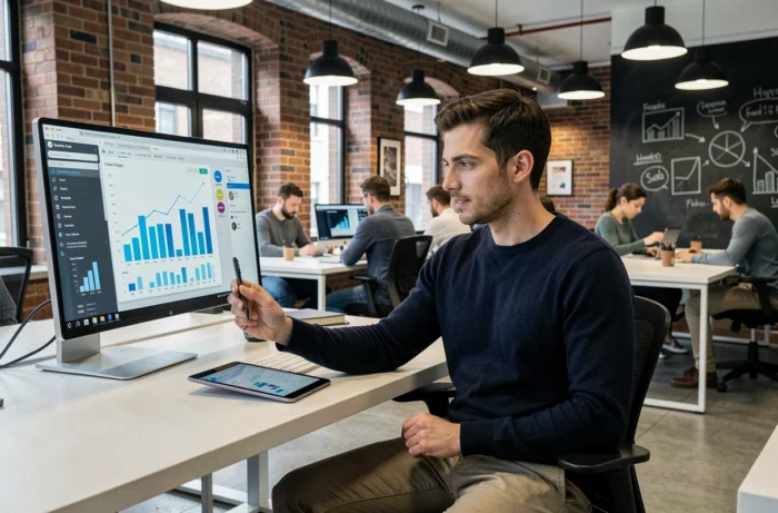Jeune entrepreneur masculin analysant des statistiques de blog dans un espace de coworking moderne