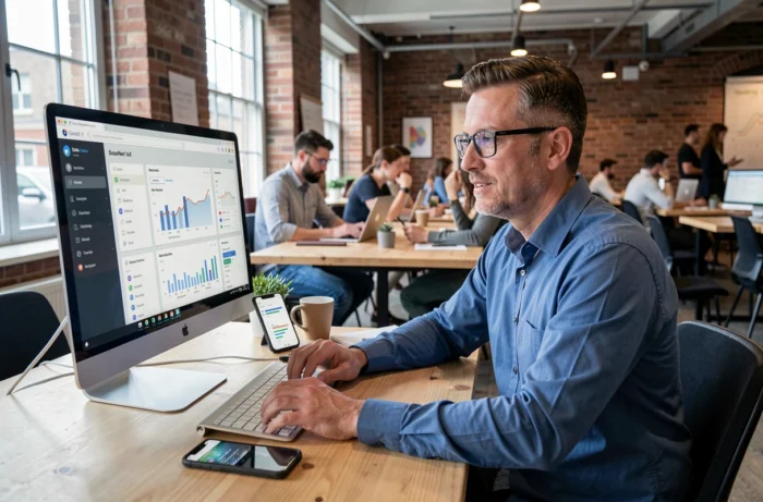 Entrepreneur masculin gérant des revenus publicitaires sur plusieurs écrans dans un espace de coworking