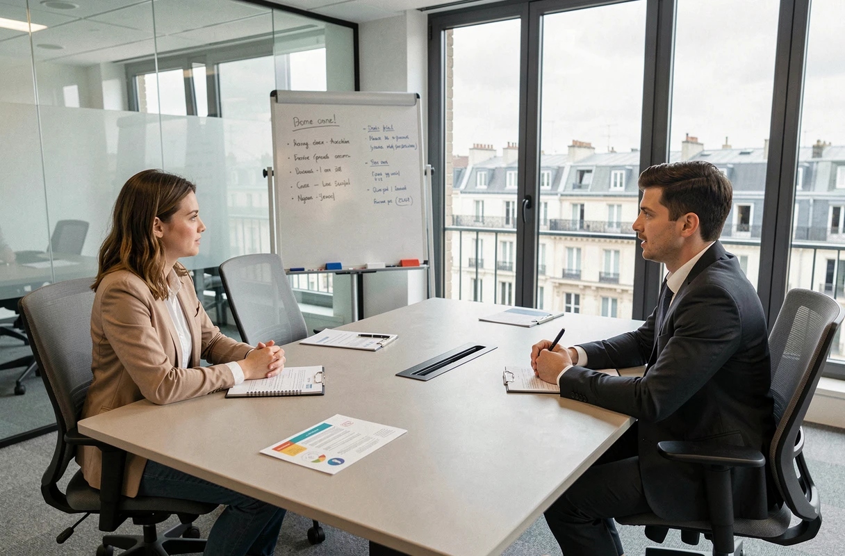 Entretien d'alternance BTS GPME entre deux candidats et un recruteur dans un bureau parisien moderne