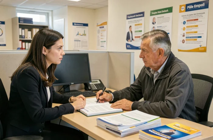 Femme en entretien avec un conseiller Pôle Emploi pour comprendre les règles de cumul entre allocations chômage et reprise d'un emploi
