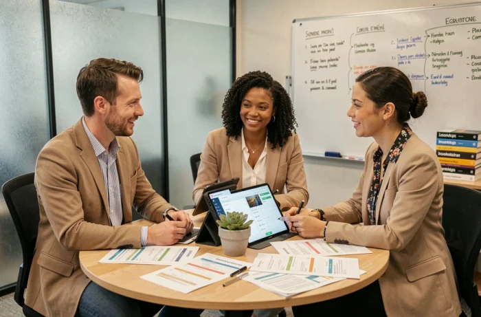 Équipe d'entrepreneurs collaborant sur une stratégie de blogging et de marketing digital