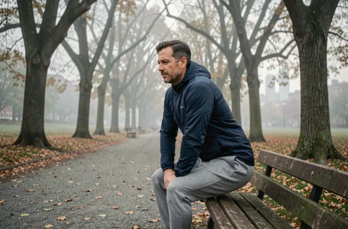 Homme faisant des étirements dans un parc urbain le matin dans le cadre d'une routine sportive quotidienne saine