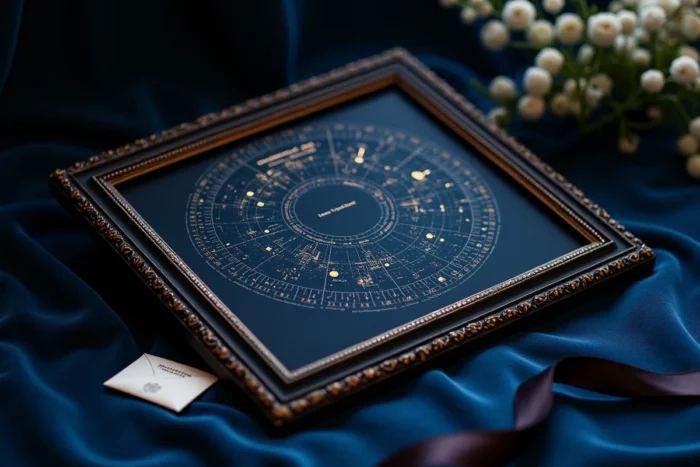 Certificat encadré de baptême d'étoile au nom des mariés avec une carte des constellations et une gravure personnalisée