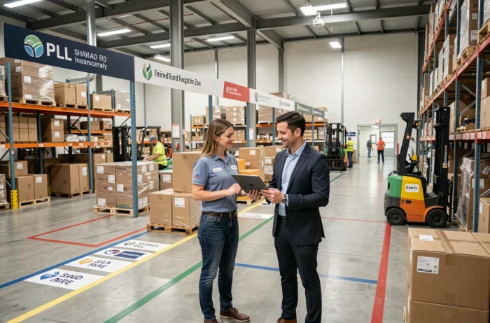 Entrepôt logistique mutualisé d'un prestataire 3PL avec des zones de stockage partagées entre plusieurs clients et un coordinateur logistique