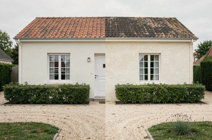 Façade de maison individuelle comparant la finition extérieure d'une construction en polystyrène et en parpaing côte à côte