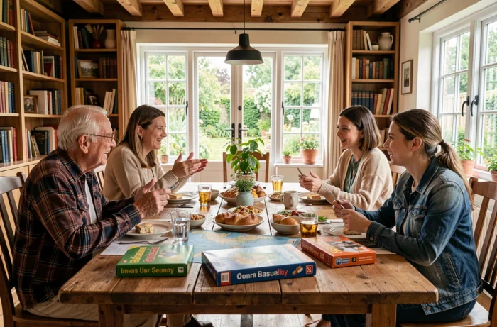 Famille multigénérationnelle réunie autour d'une table pour partager des discussions et des souvenirs