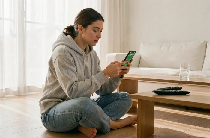 Jeune femme consultant les dernières actualités sportives sur son smartphone dans un salon moderne et minimaliste