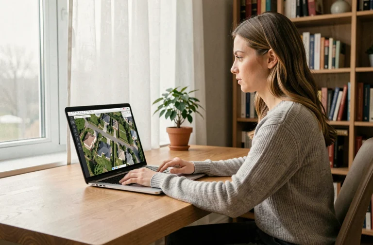 Femme consultant une application satellite gratuite sur son ordinateur portable pour voir sa maison depuis le ciel