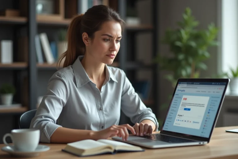 Femme consultant un message d'erreur sur son webmail IONOS depuis un bureau à domicile