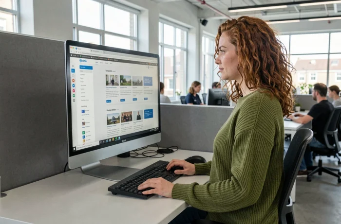 Femme debout consultant l'index d'un site web sur un écran d'ordinateur en open space