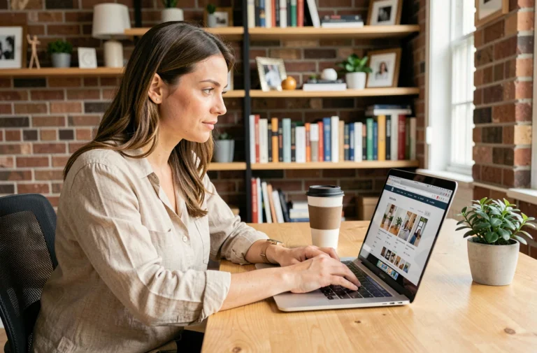 Femme consultant un site de commerce en ligne sur son ordinateur portable dans un bureau à domicile moderne