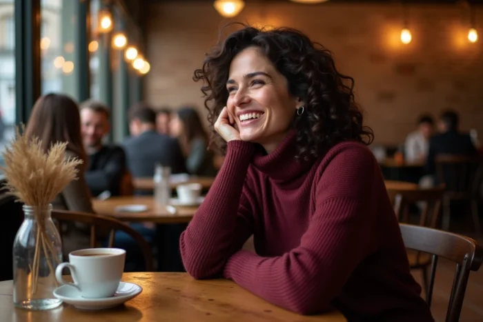 Femme élégante aux cheveux bouclés riant dans un bistrot parisien, ambiance chaleureuse et authentique autour d'un café